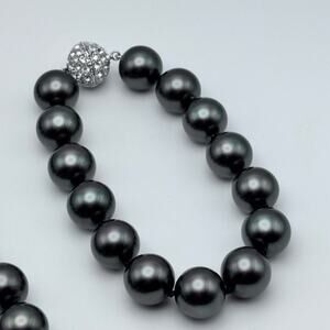 Simulated Tahitian Pearl Necklace and Bracelet Pave Crystal Screw Closure Bead